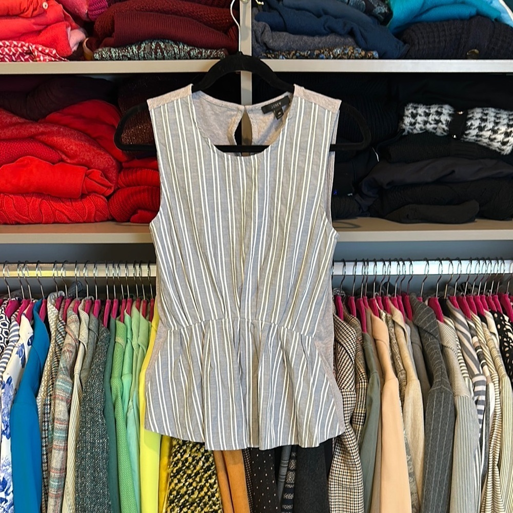 J Crew chambray and white stripe peplum sleeveless top size XS